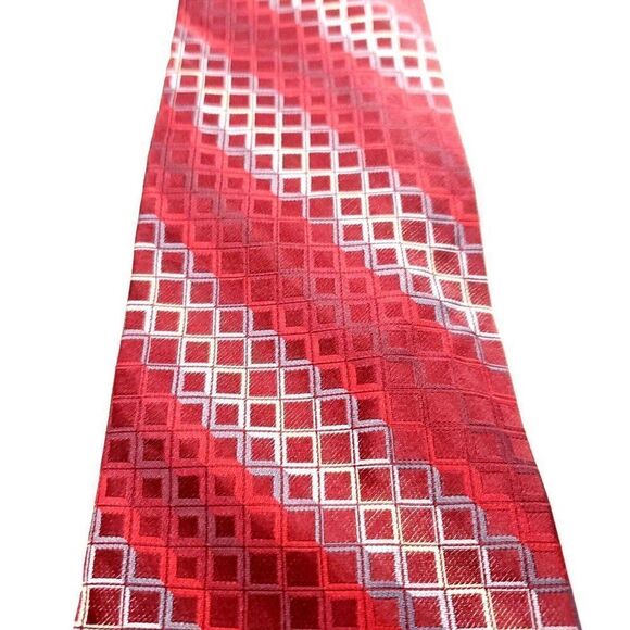 Perry Ellis Portfolio Red Silk Tie Woven Check Regimental - Picture 2 of 7